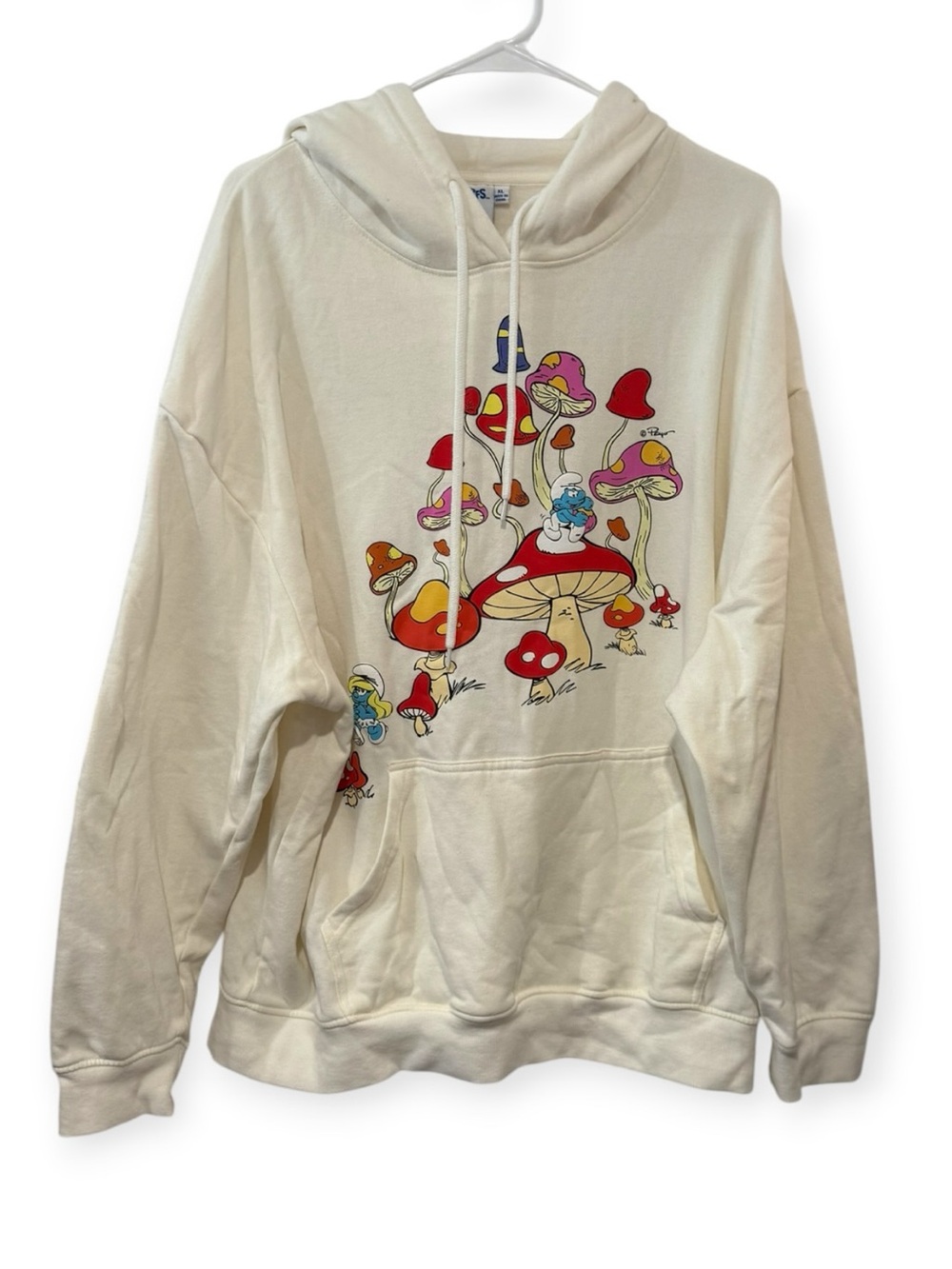 The Smurfs XL Cream Graphic Hoodie Mushroom Fleece Sweatshirt Retro Cartoon